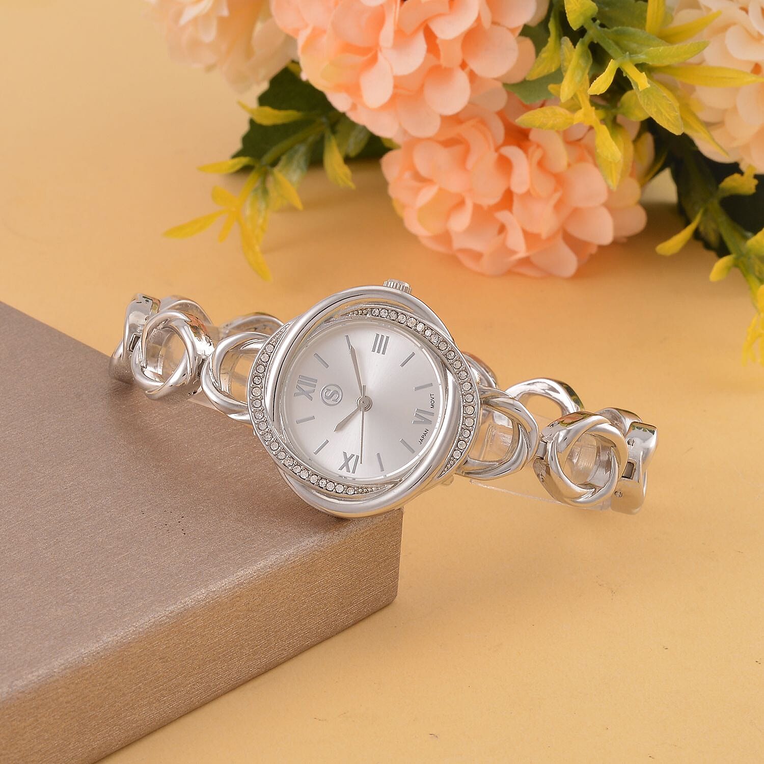 STRADA Japanese Movement Crystal Studded White Dial Water Resistant Watch in Silver Tone