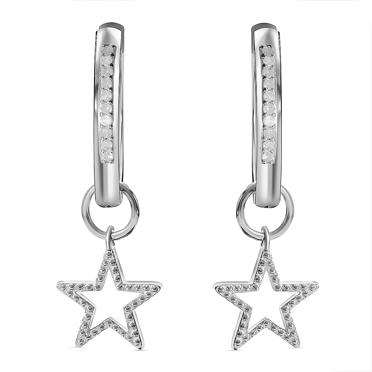 Diamond Star Hoop Earrings in Platinum Overlay Sterling Silver 0.10 Ct