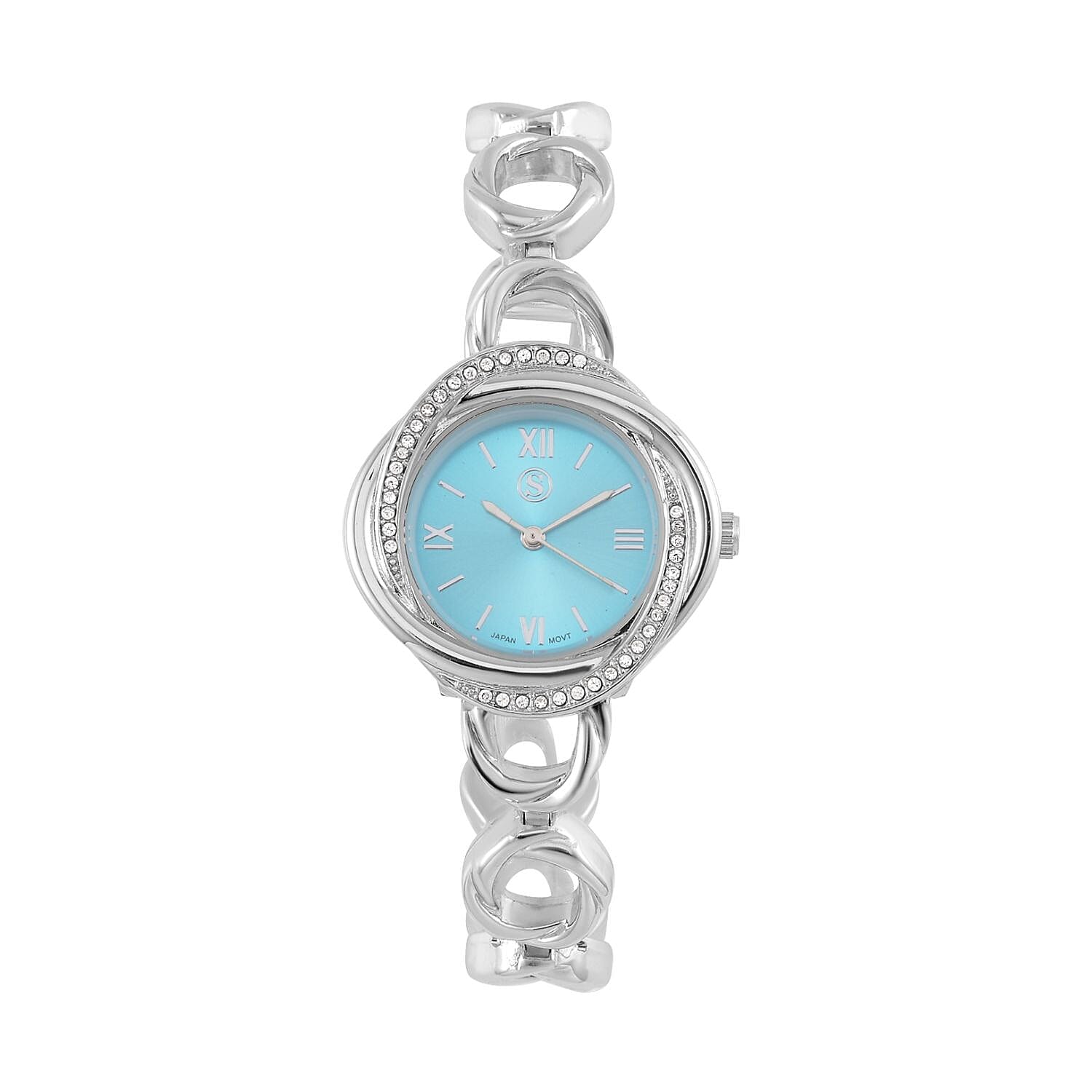 STRADA Japanese Movement Crystal Studded Blue Dial Water Resistant Watch in Silver Tone