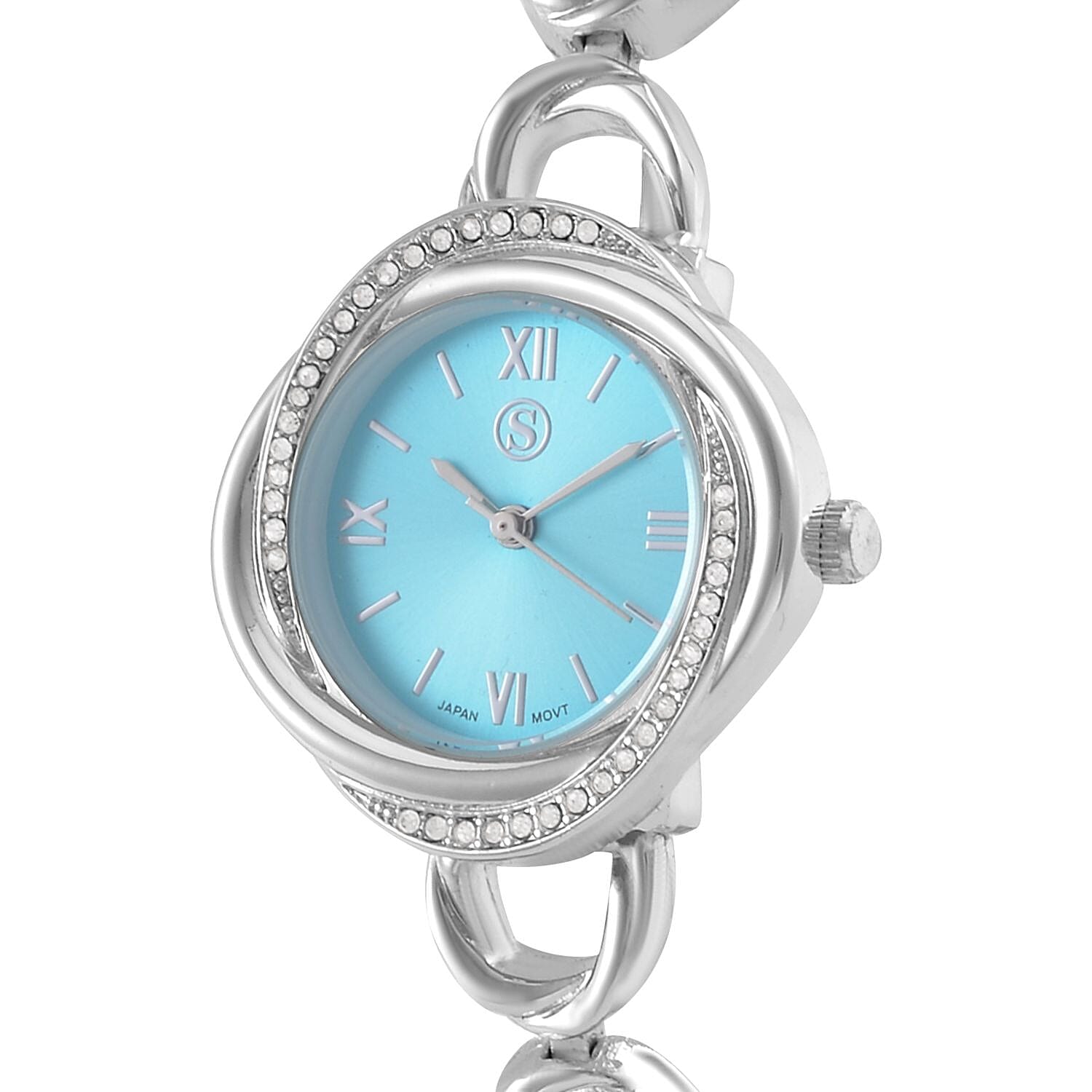 STRADA Japanese Movement Crystal Studded Blue Dial Water Resistant Watch in Silver Tone
