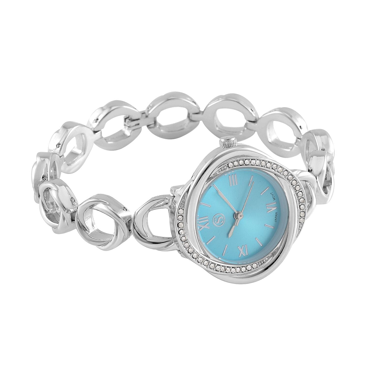 STRADA Japanese Movement Crystal Studded Blue Dial Water Resistant Watch in Silver Tone