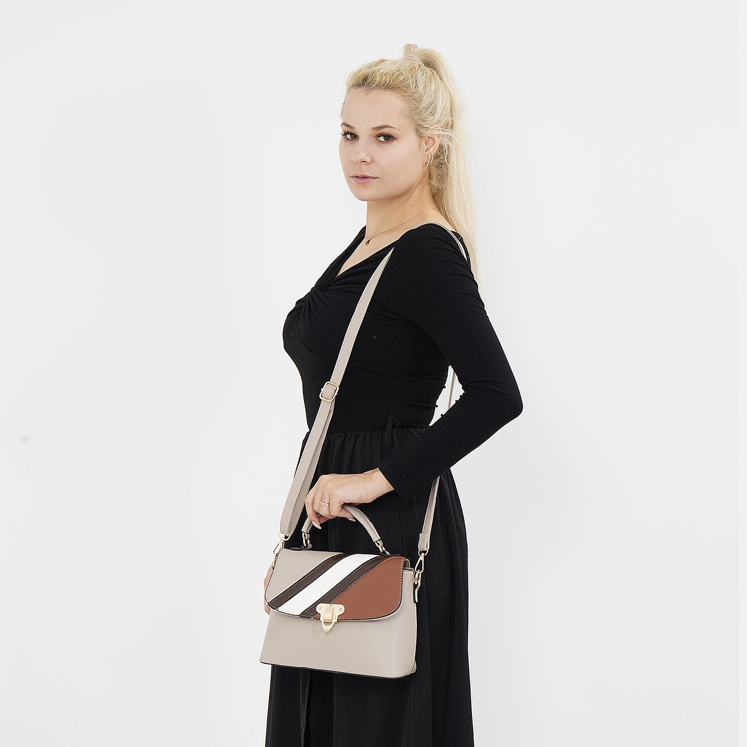 Elegant Patchwork Crossbody Bag - Beige