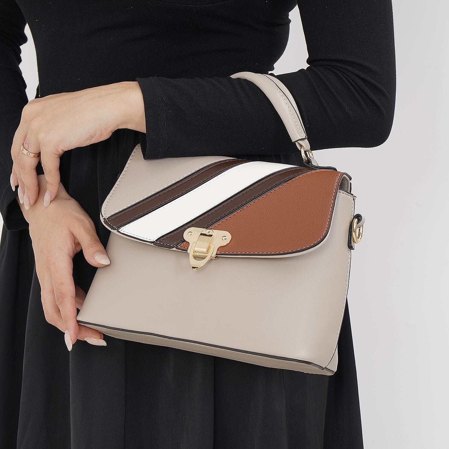 Elegant Patchwork Crossbody Bag - Beige