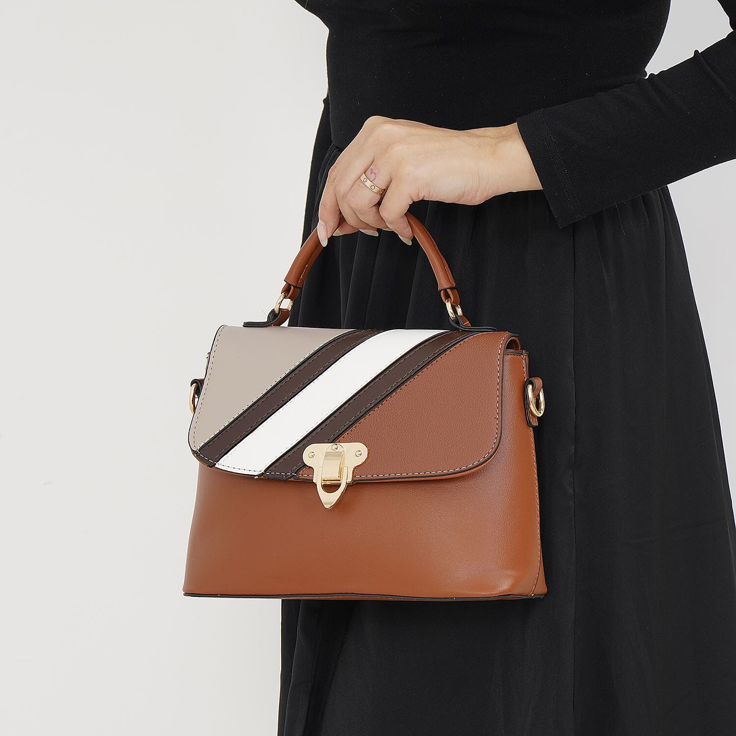 Elegant Patchwork Leatherette Crossbody Bag - Tan