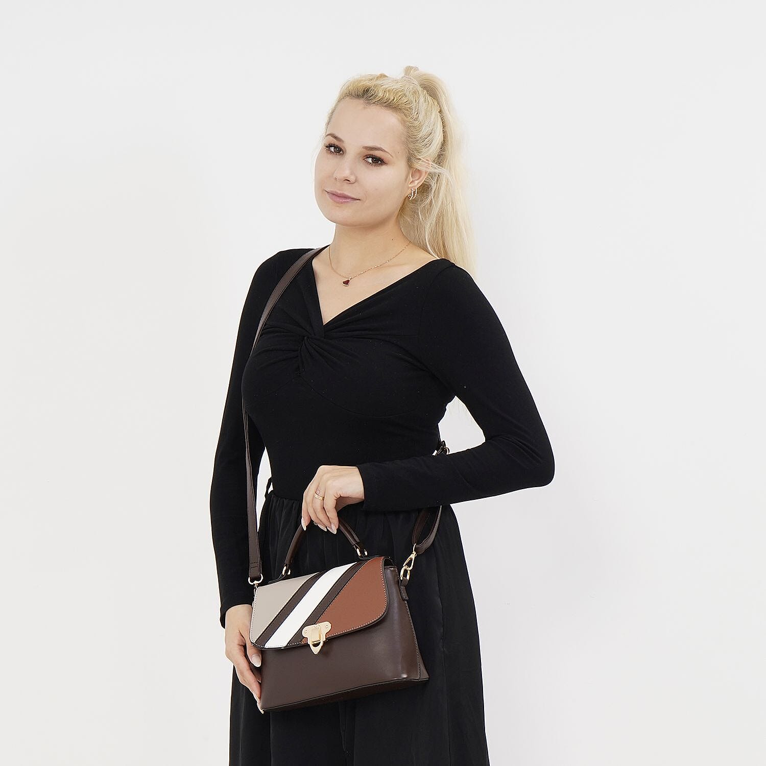 Elegant Patchwork Leatherette Crossbody Bag - Brown