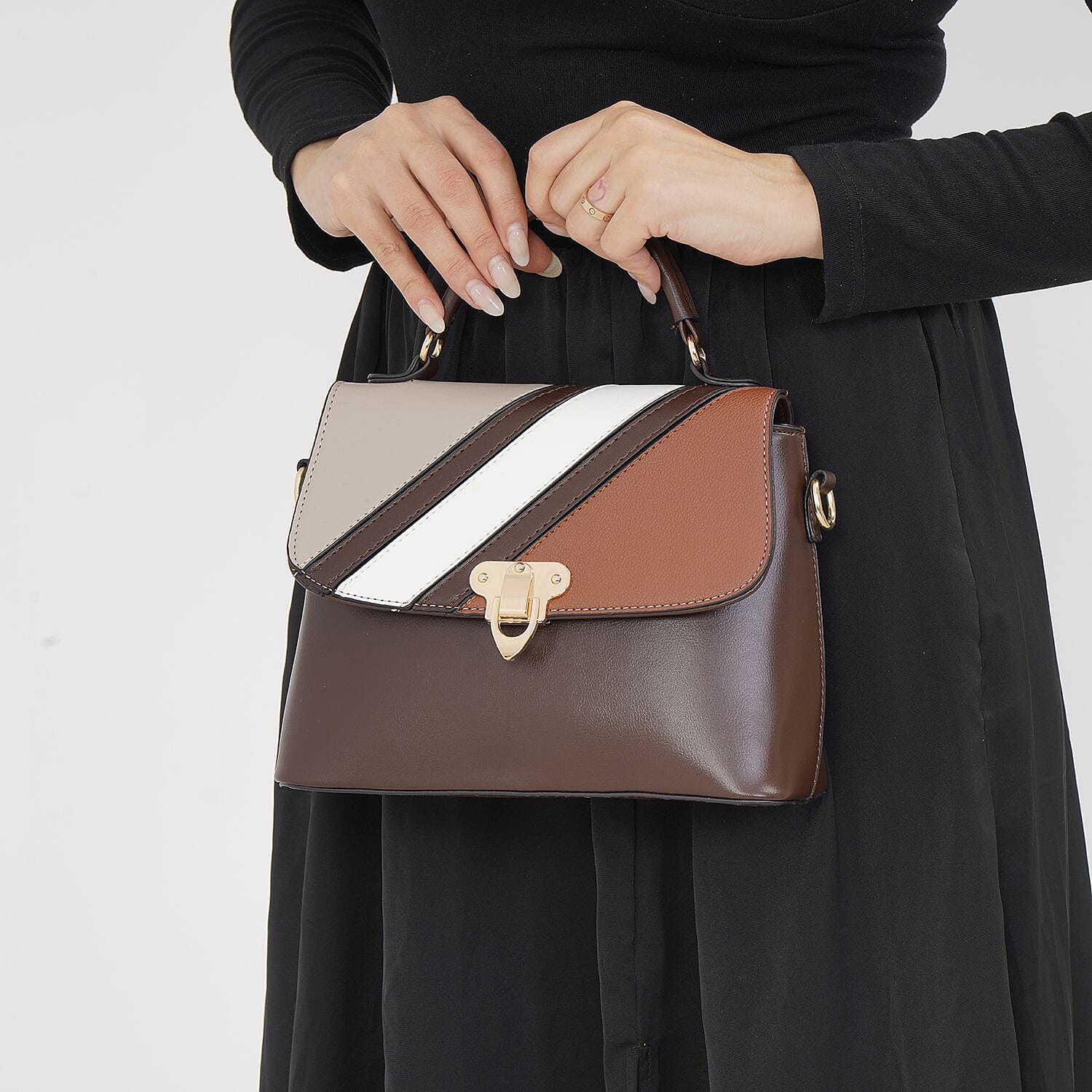 Elegant Patchwork Leatherette Crossbody Bag - Brown