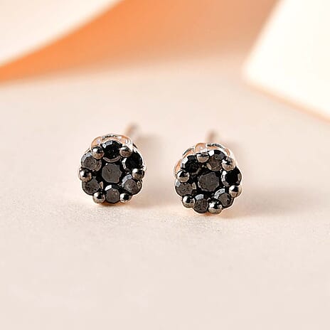 Black Diamond Stud Earrings with Push Back in Rhodium Overlay Sterling Silver 0.14 Ct.