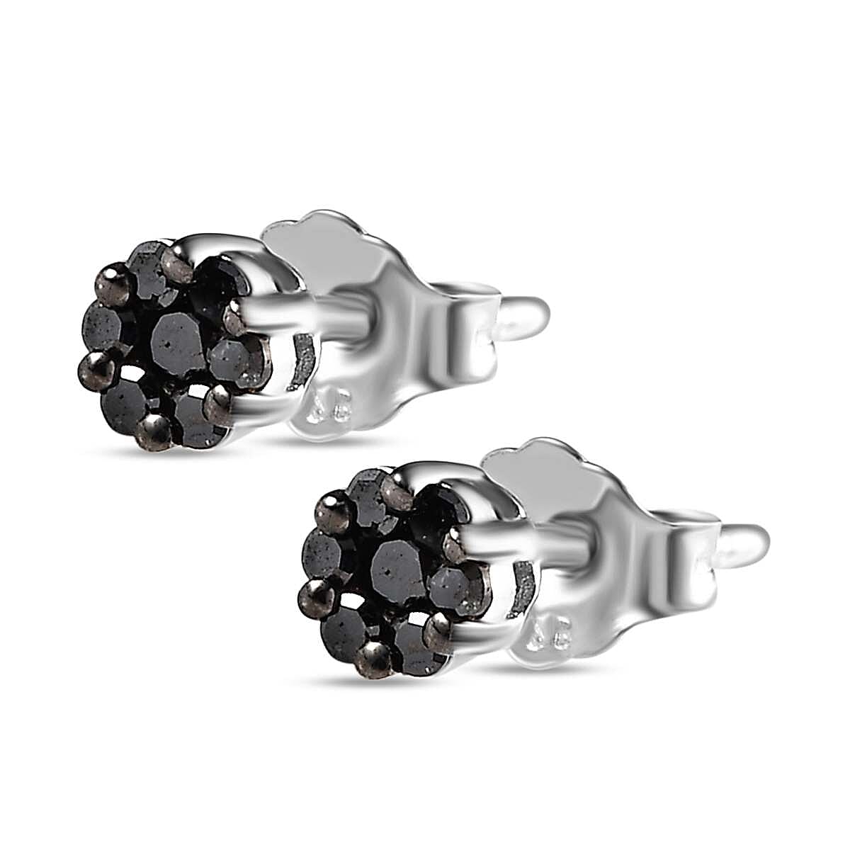 Black Diamond Stud Earrings with Push Back in Rhodium Overlay Sterling Silver 0.14 Ct.