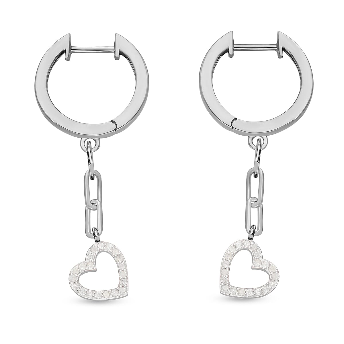 Diamond Heart Drop Earrings in Platinum Overlay Sterling Silver 0.24 Ct.