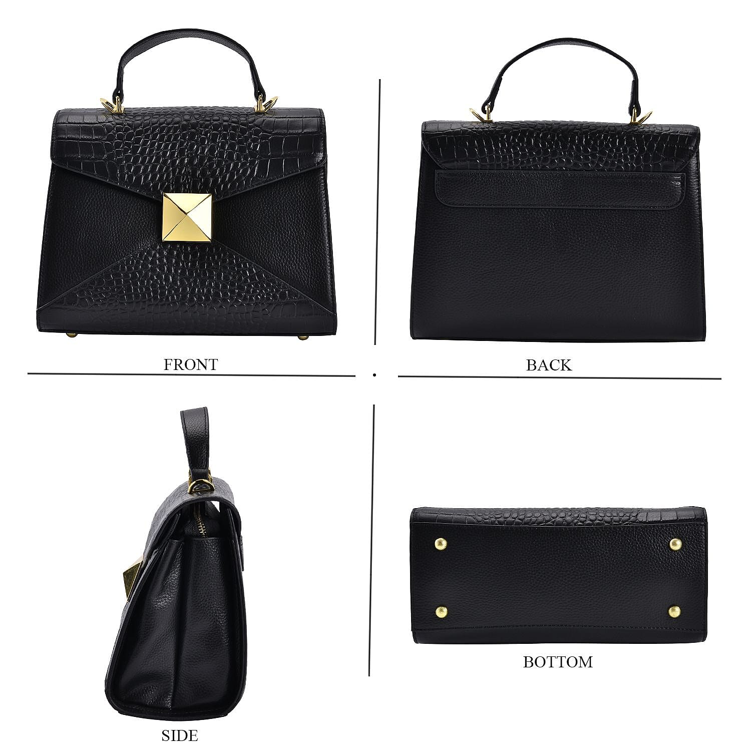 Designer Inspired - Genuine Leather Stud Handbag with Detachable Shoulder Strap - Black