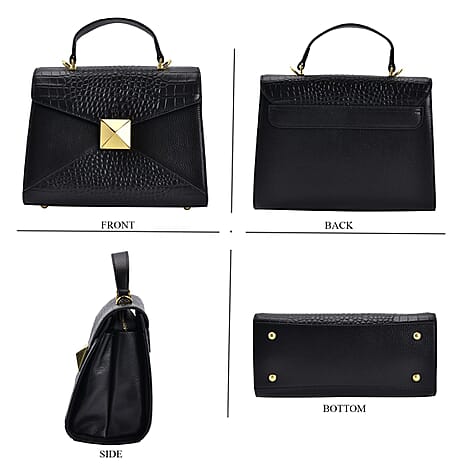 Designer Inspired - Genuine Leather Stud Handbag with Detachable Shoulder Strap - Black