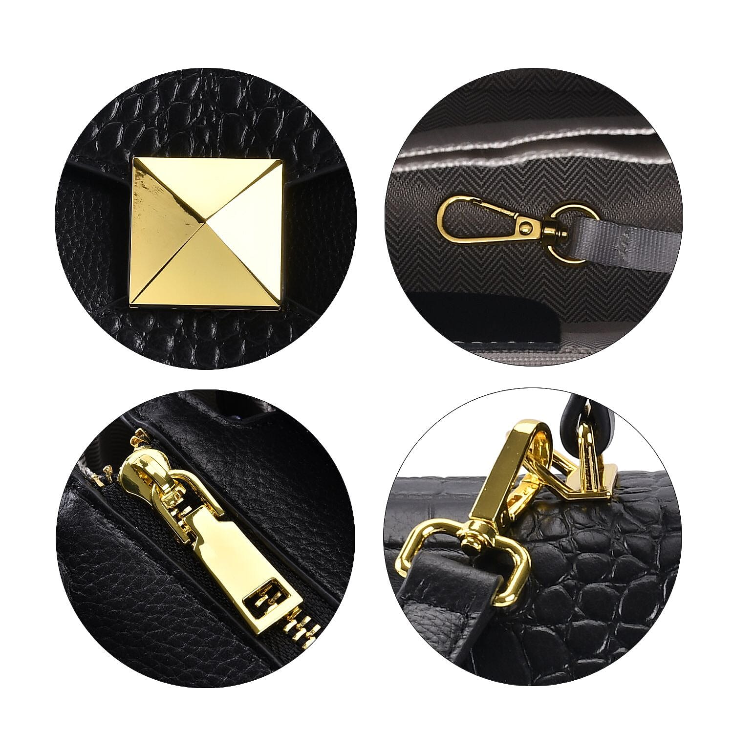 Designer Inspired - Genuine Leather Stud Handbag with Detachable Shoulder Strap - Black