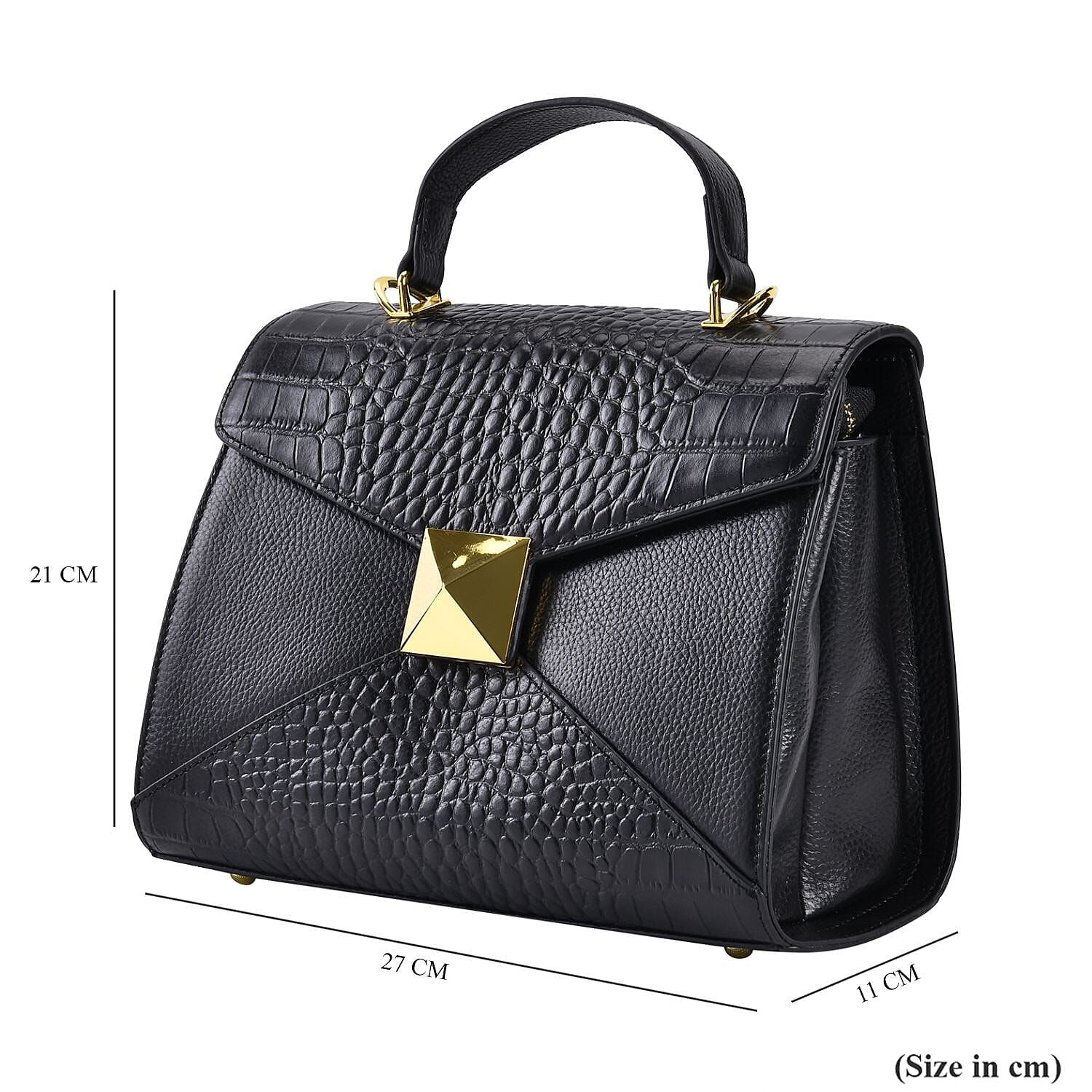 Designer Inspired - Genuine Leather Stud Handbag with Detachable Shoulder Strap - Black