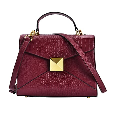 Designer Inspired - Genuine Leather Stud Handbag with Detachable Shoulder Strap - Burgundy