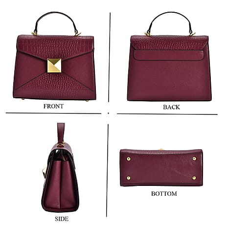 Designer Inspired - Genuine Leather Stud Handbag with Detachable Shoulder Strap - Burgundy