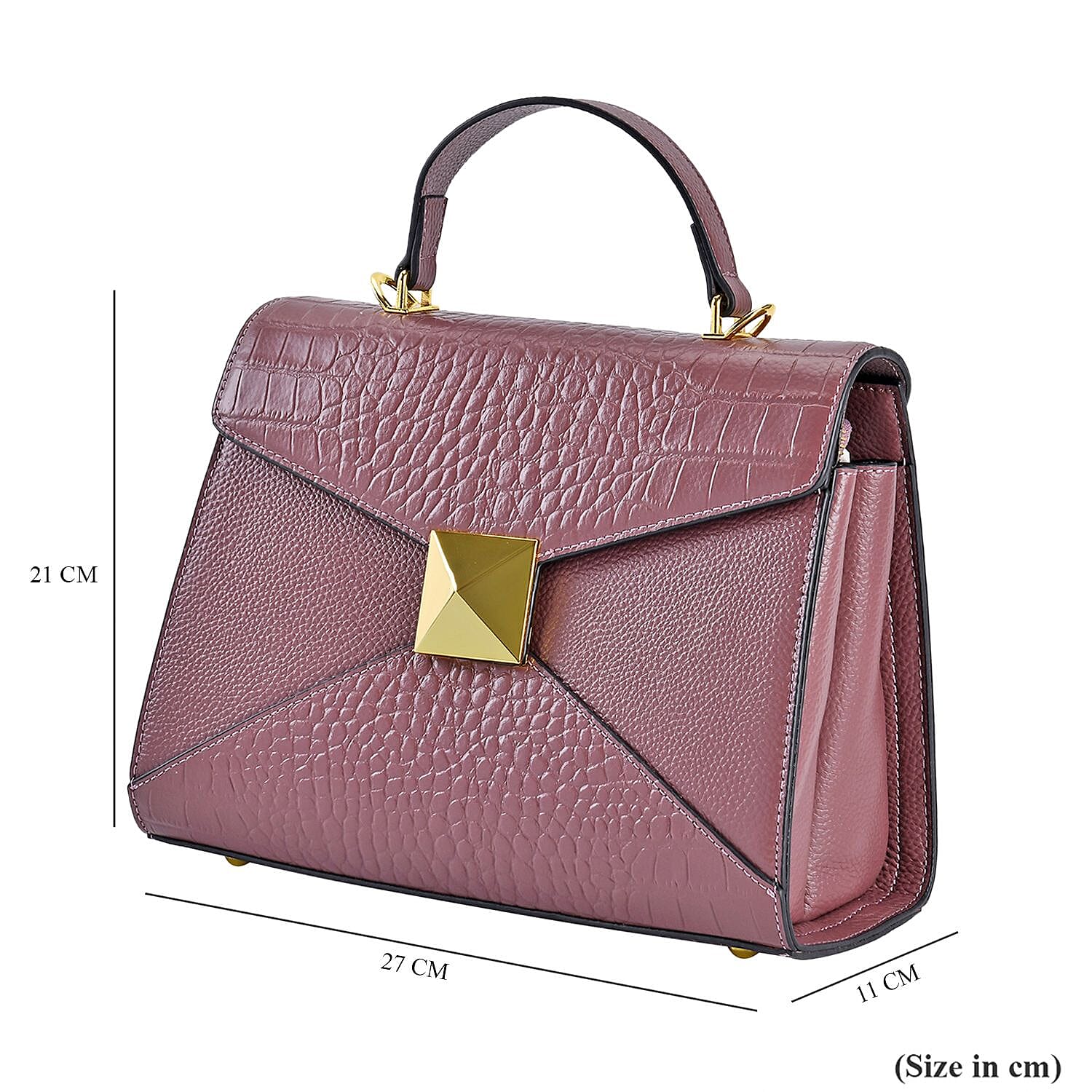 Designer Inspired - Genuine Leather Stud Handbag with Detachable Shoulder Strap - Pink