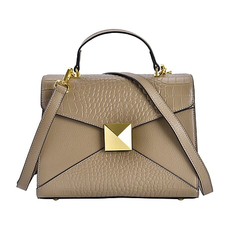 Designer Inspired - Genuine Leather Stud Handbag with Detachable Shoulder Strap - Beige