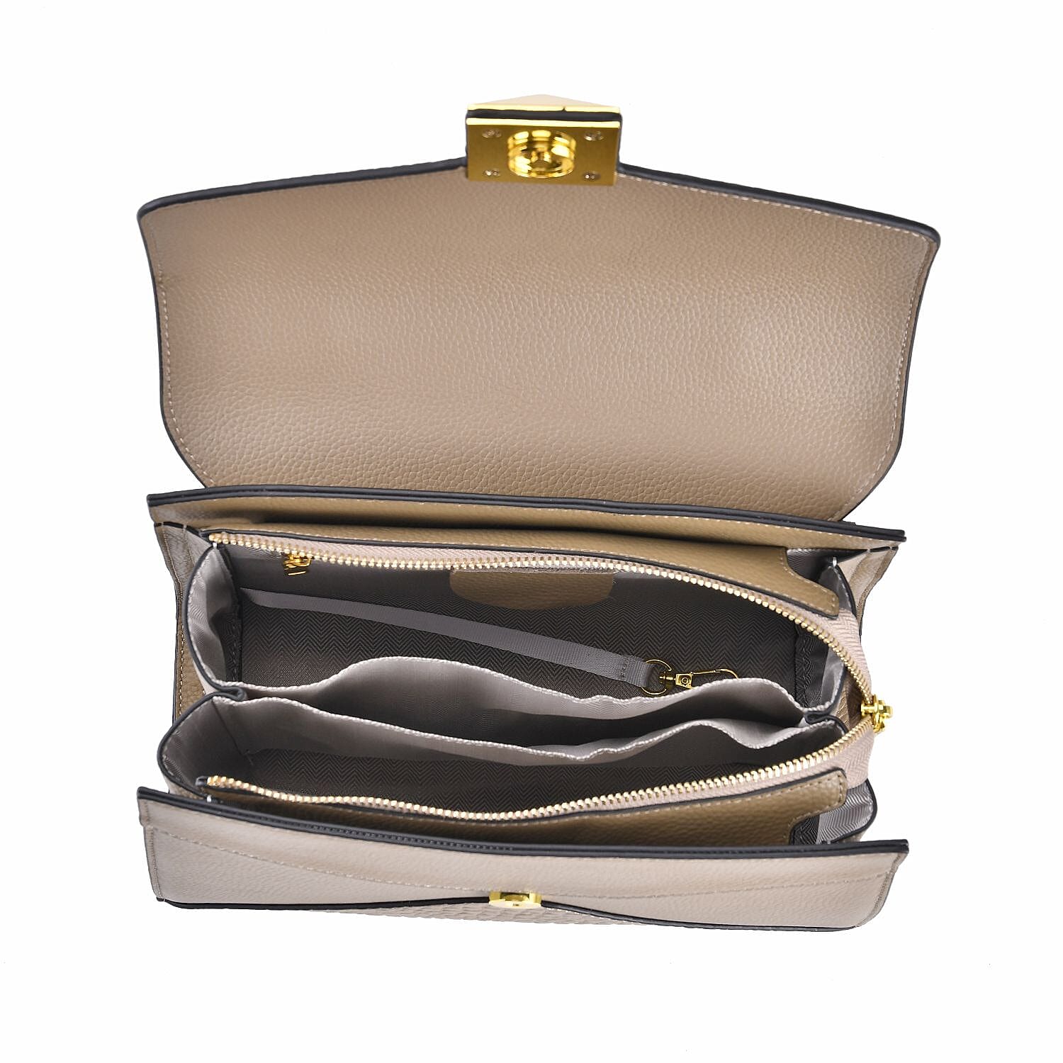 Designer Inspired - Genuine Leather Stud Handbag with Detachable Shoulder Strap - Beige