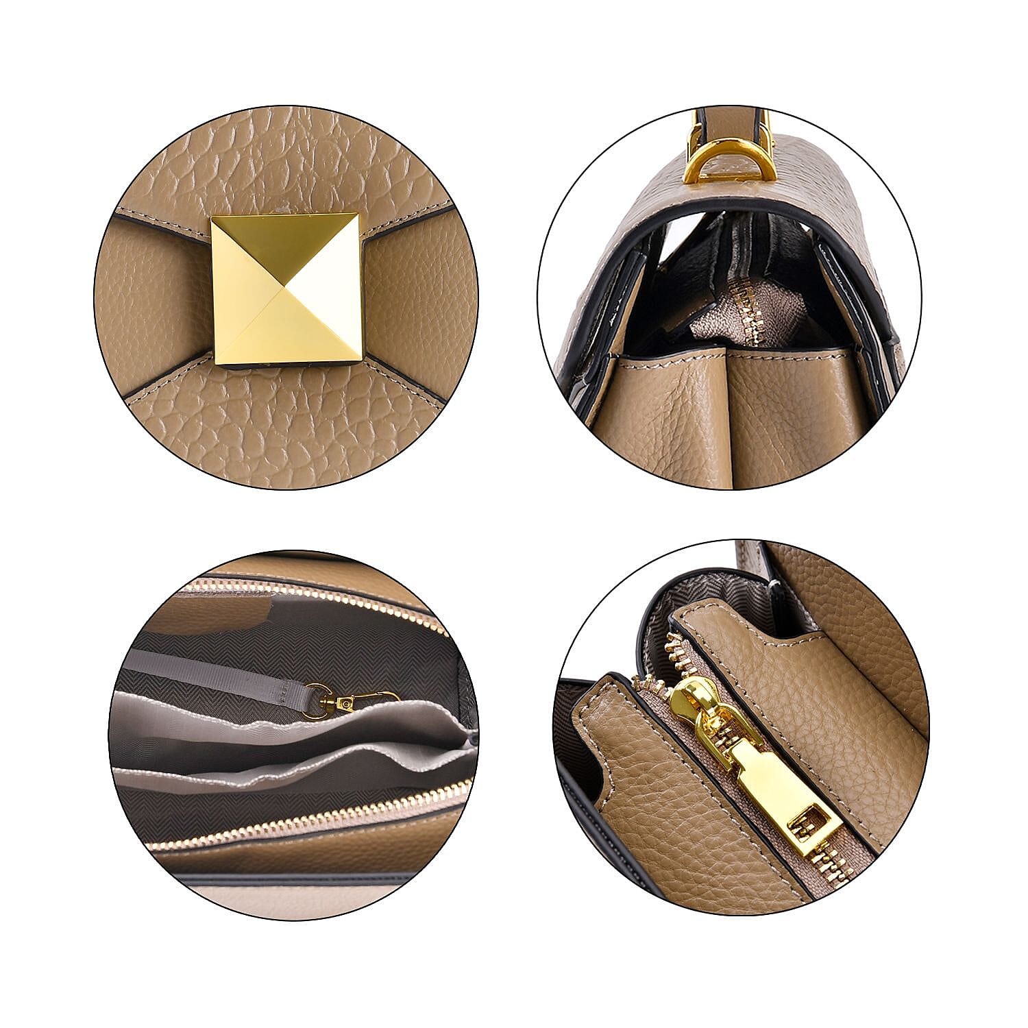 Designer Inspired - Genuine Leather Stud Handbag with Detachable Shoulder Strap - Beige