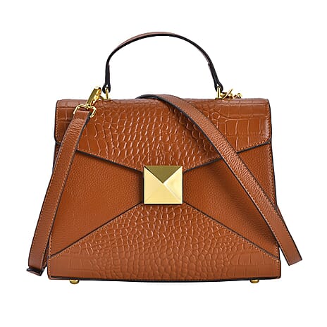 Designer Inspired - Genuine Leather Stud Handbag with Detachable Shoulder Strap - Tan