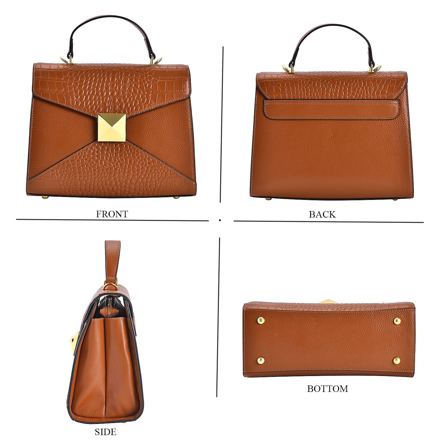 Designer Inspired - Genuine Leather Stud Handbag with Detachable Shoulder Strap - Tan