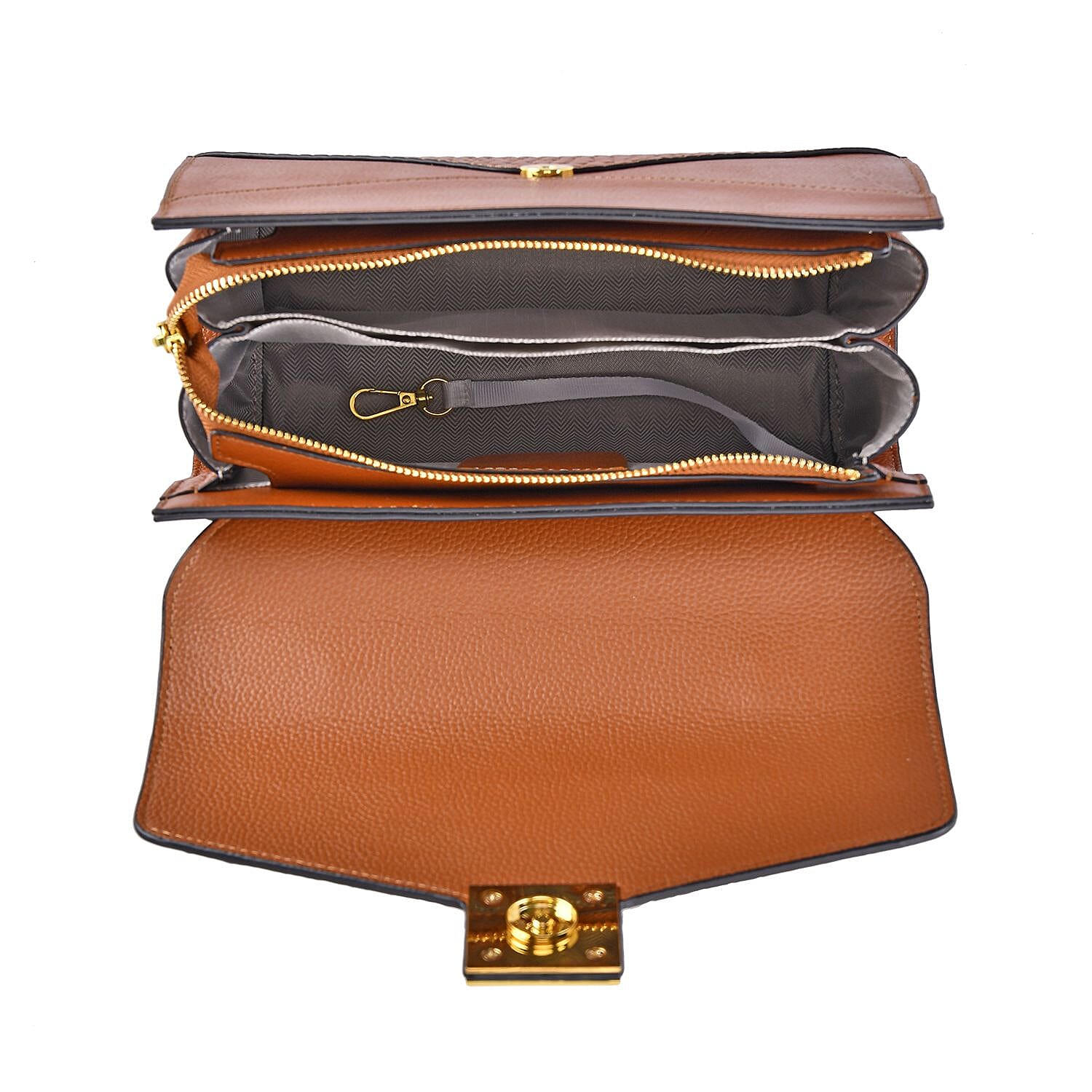 Designer Inspired - Genuine Leather Stud Handbag with Detachable Shoulder Strap - Tan