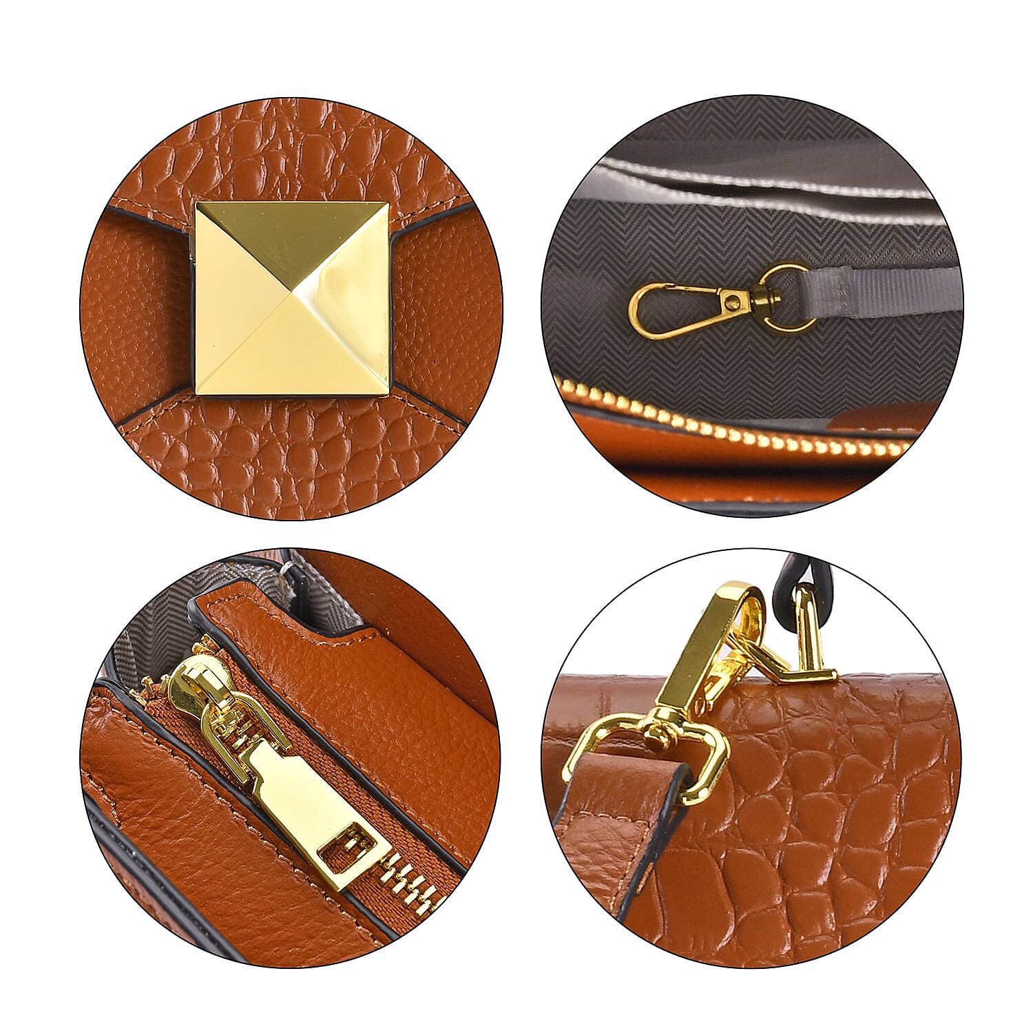 Designer Inspired - Genuine Leather Stud Handbag with Detachable Shoulder Strap - Tan