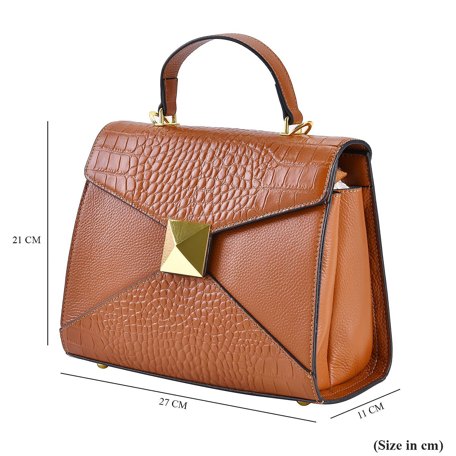 Designer Inspired - Genuine Leather Stud Handbag with Detachable Shoulder Strap - Tan