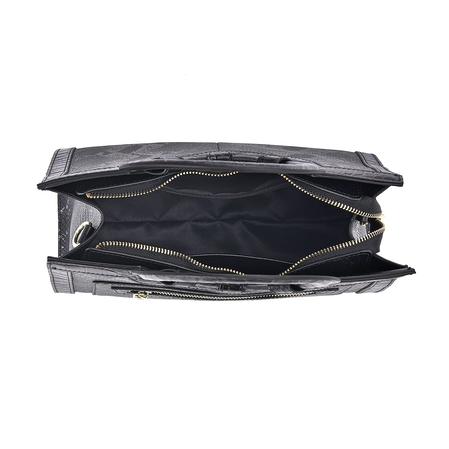 Genuine Leather Python Pattern Crossbody Bag With 2 Shoulder Straps - Black