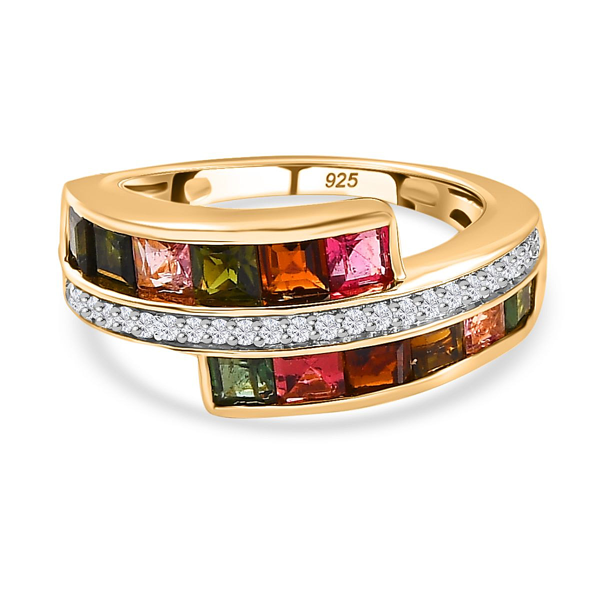 Multi-Tourmaline & Natural Zircon Half-Eternity Bypass Ring in 18K Yellow Gold Vermeil Plated Sterling Silver 2.27 Ct.