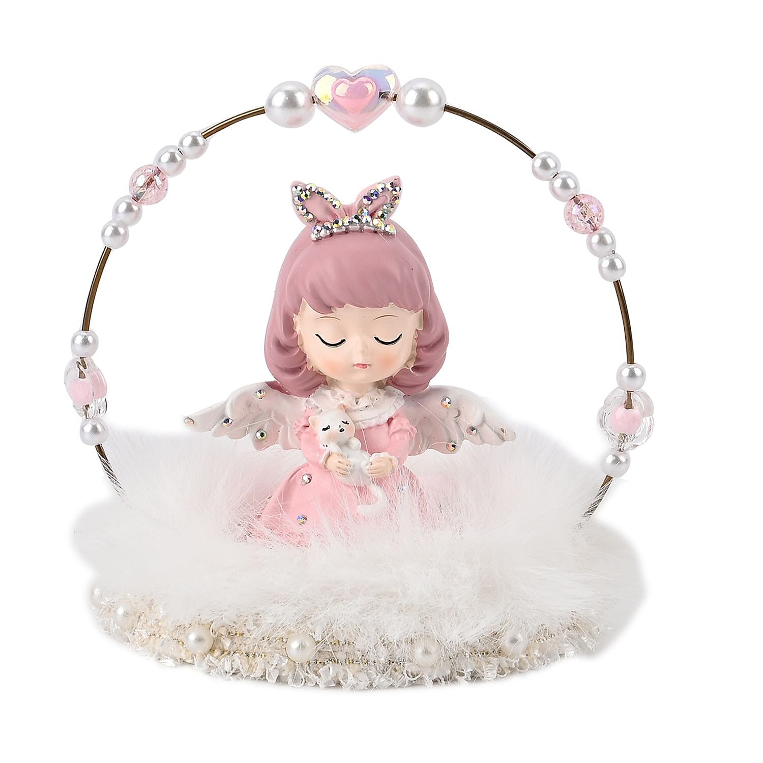 Aesthetic Sleeping Angel and Cat Tabletop Decoration (Size 12x12x10 cm) - Pink & White