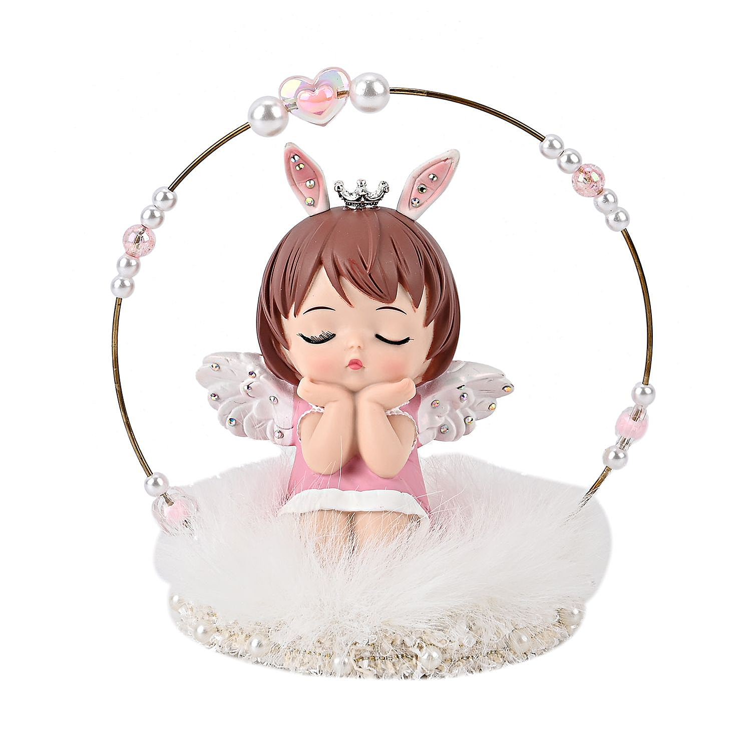 Aesthetic Sleeping Angel Tabletop Decoration With Bunny Ears & Crown on Her Head  (Size 14x13x10 cm) - Pink & White
