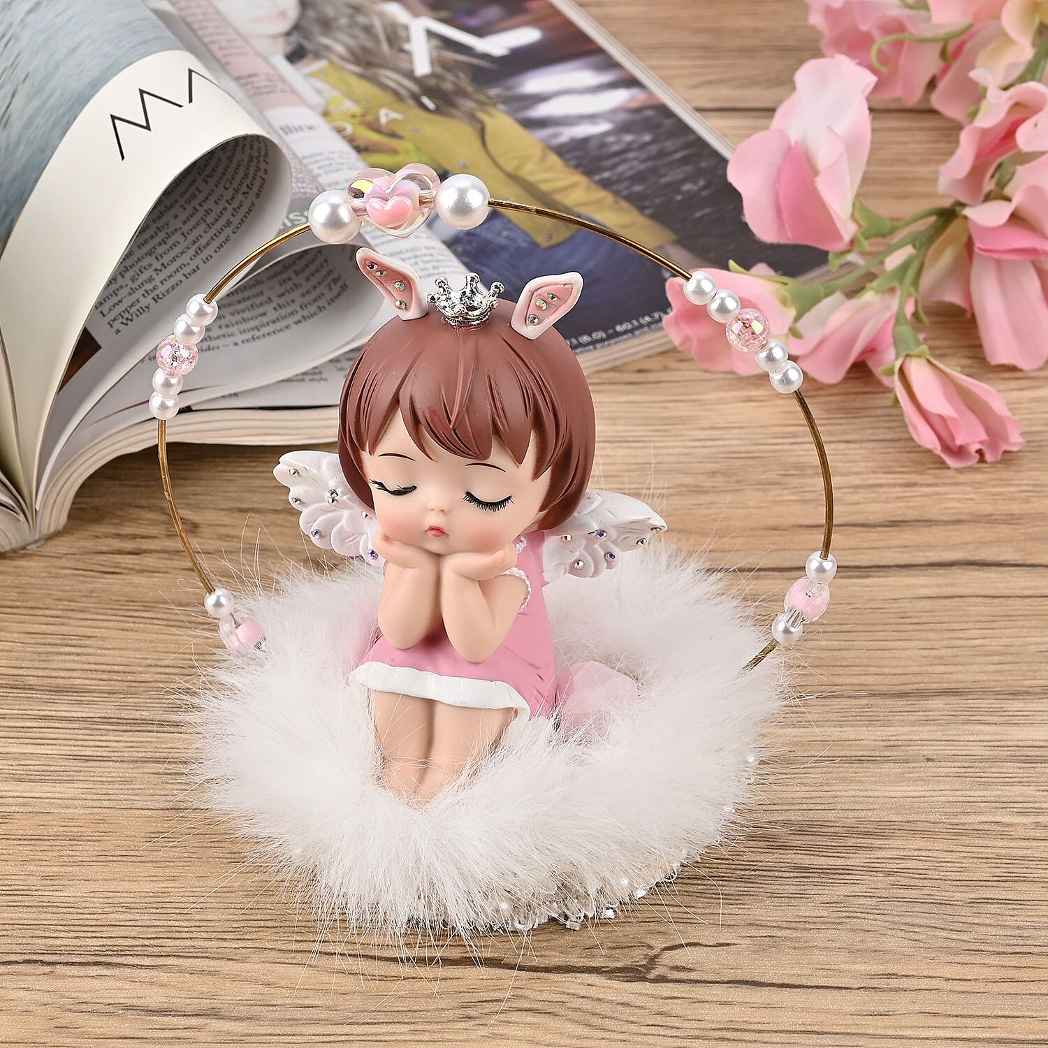 Aesthetic Sleeping Angel Tabletop Decoration With Bunny Ears & Crown on Her Head  (Size 14x13x10 cm) - Pink & White