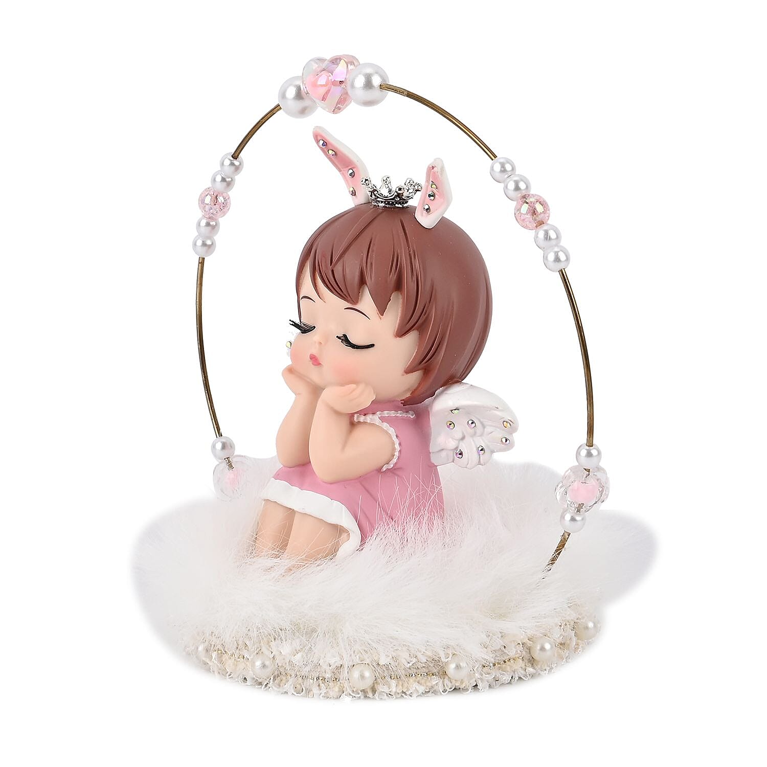 Aesthetic Sleeping Angel Tabletop Decoration With Bunny Ears & Crown on Her Head  (Size 14x13x10 cm) - Pink & White