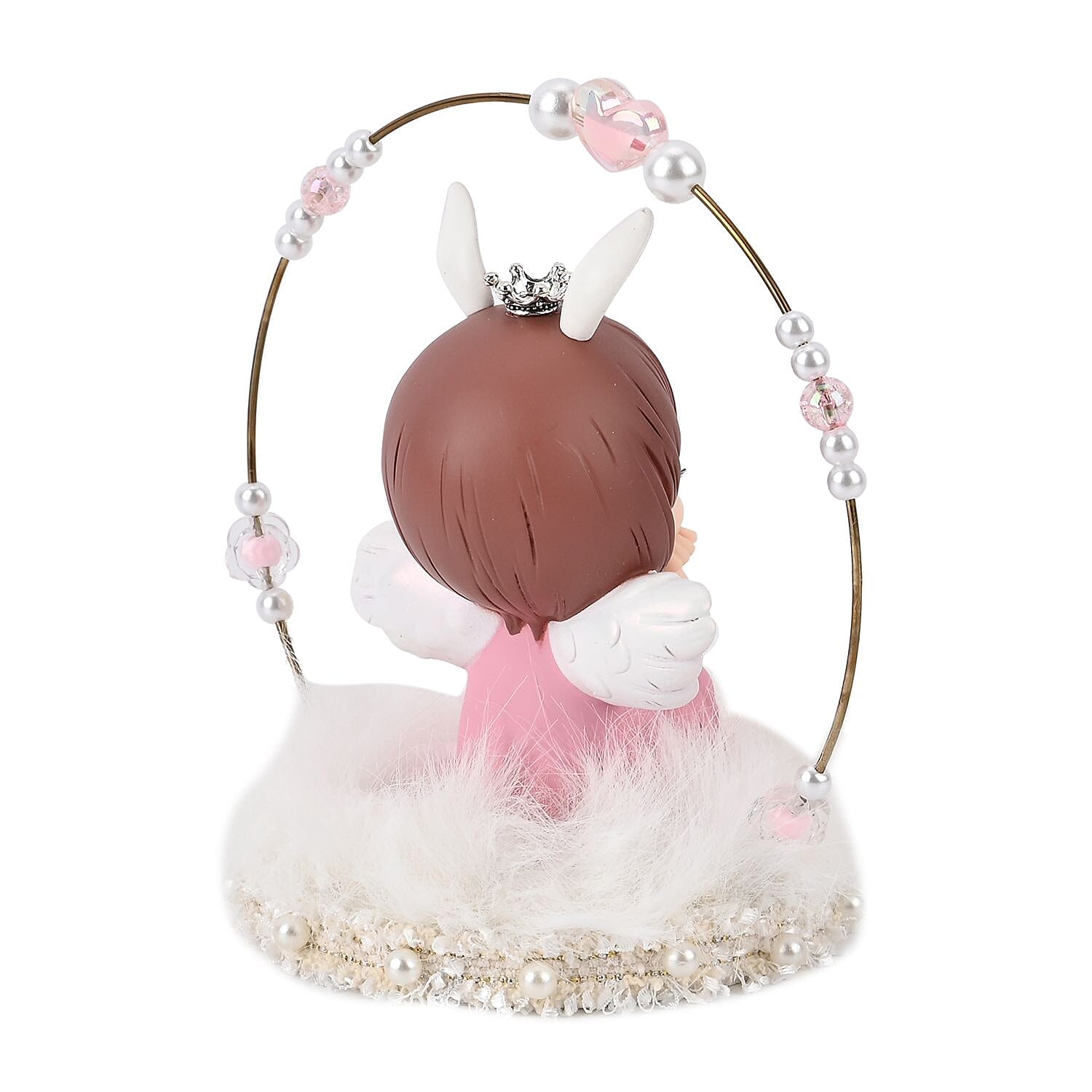Aesthetic Sleeping Angel Tabletop Decoration With Bunny Ears & Crown on Her Head  (Size 14x13x10 cm) - Pink & White