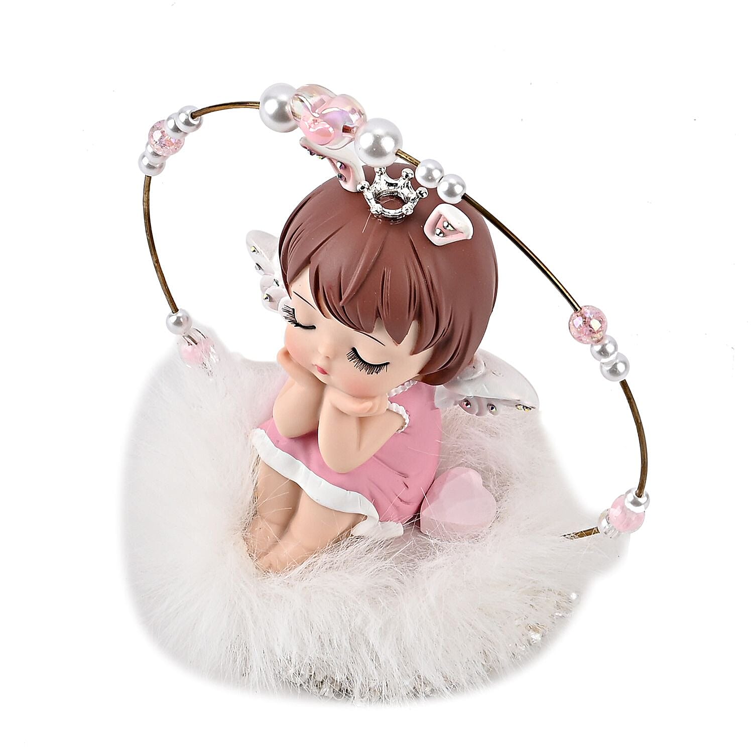 Aesthetic Sleeping Angel Tabletop Decoration With Bunny Ears & Crown on Her Head  (Size 14x13x10 cm) - Pink & White