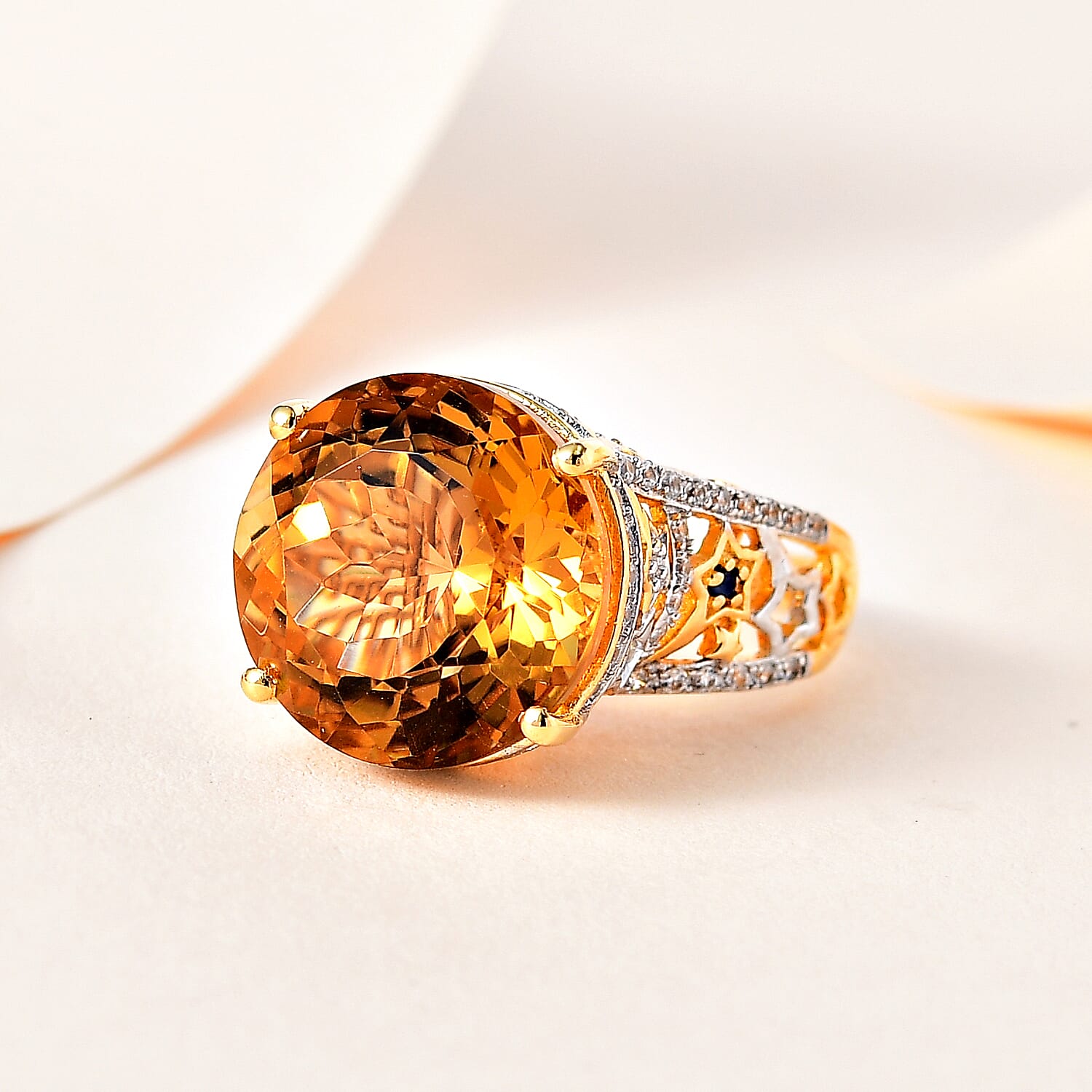 GP Celestial Dream Collection (Hanabi Cut) - Citrine & Natural Zircon Ring in Two Tone Plating Sterling Silver 13.21 Ct, Silver Wt. 5.5 Gms.