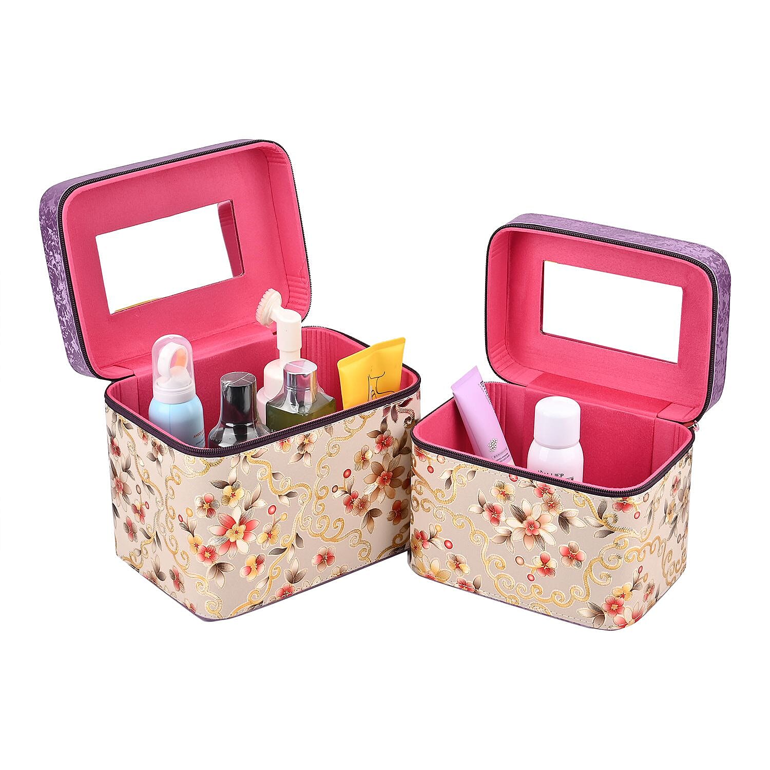 Set of 2 Floral Pattern Makeup Boxes (Size Large - Small)  - Purple - Cream