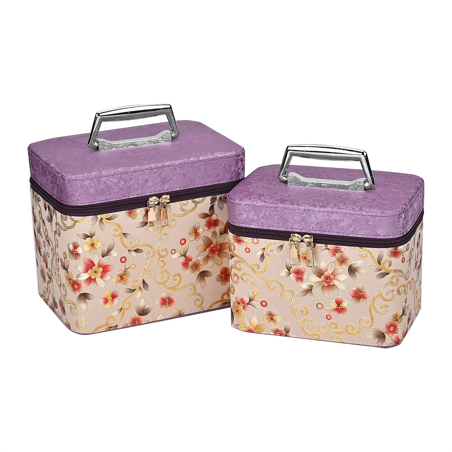 Set of 2 Floral Pattern Makeup Boxes (Size Large - Small)  - Purple - Cream