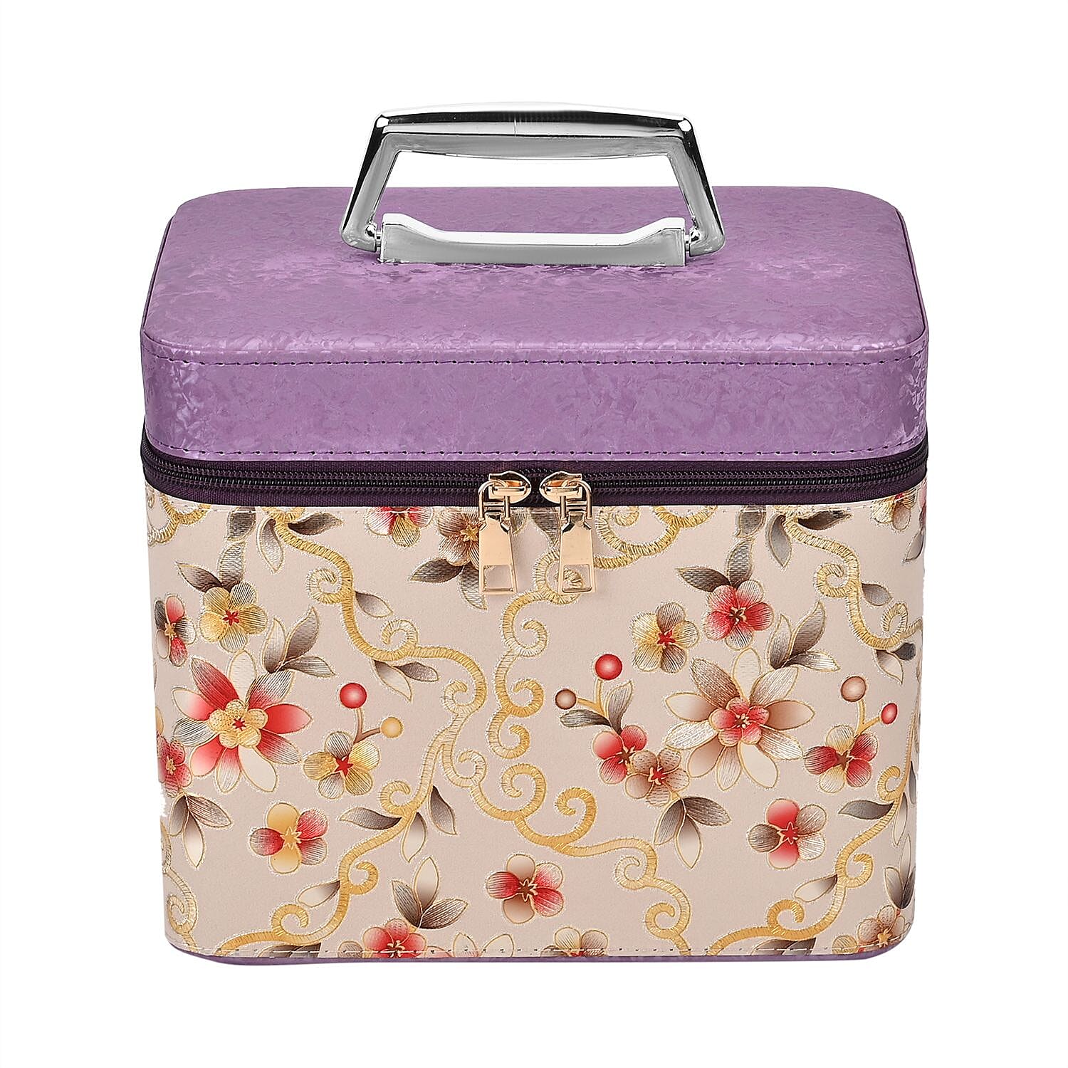 Set of 2 Floral Pattern Makeup Boxes (Size Large - Small)  - Purple - Cream