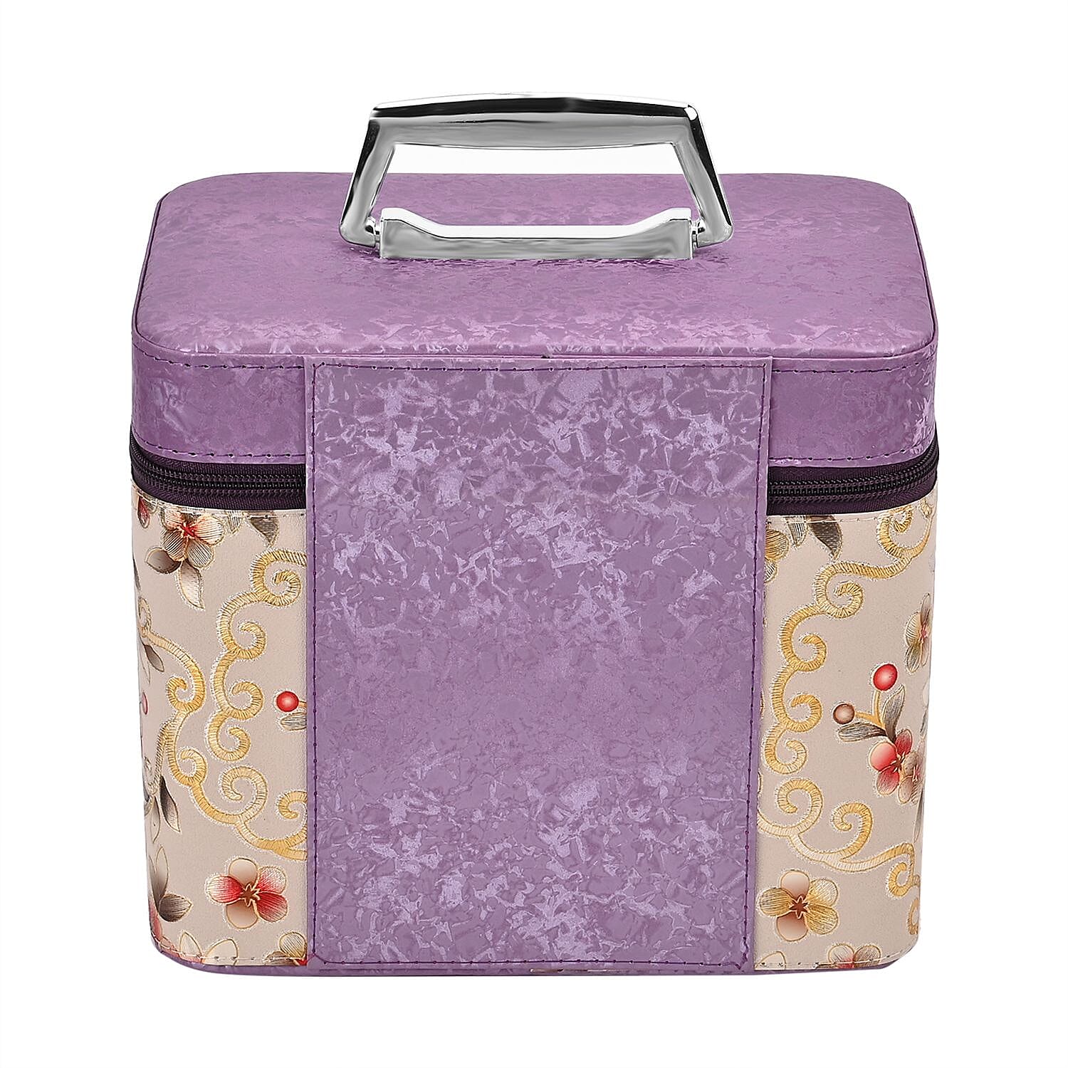 Set of 2 Floral Pattern Makeup Boxes (Size Large - Small)  - Purple - Cream