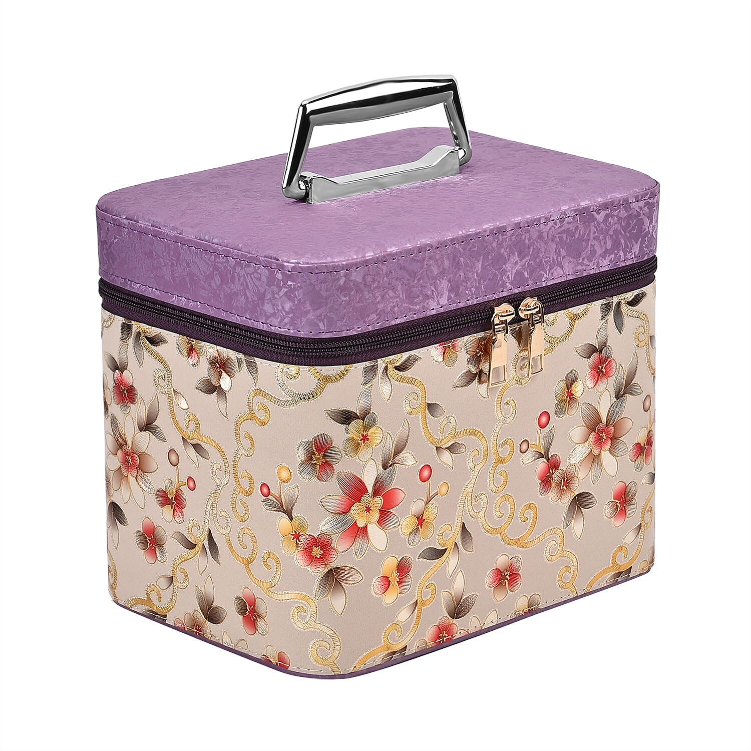 Set of 2 Floral Pattern Makeup Boxes (Size Large - Small)  - Purple - Cream