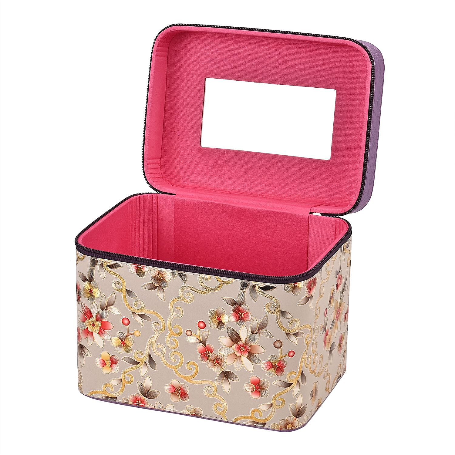 Set of 2 Floral Pattern Makeup Boxes (Size Large - Small)  - Purple - Cream