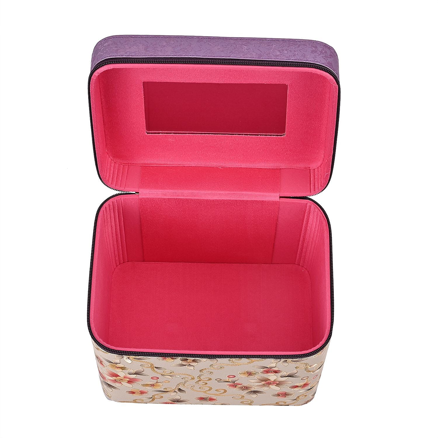 Set of 2 Floral Pattern Makeup Boxes (Size Large - Small)  - Purple - Cream