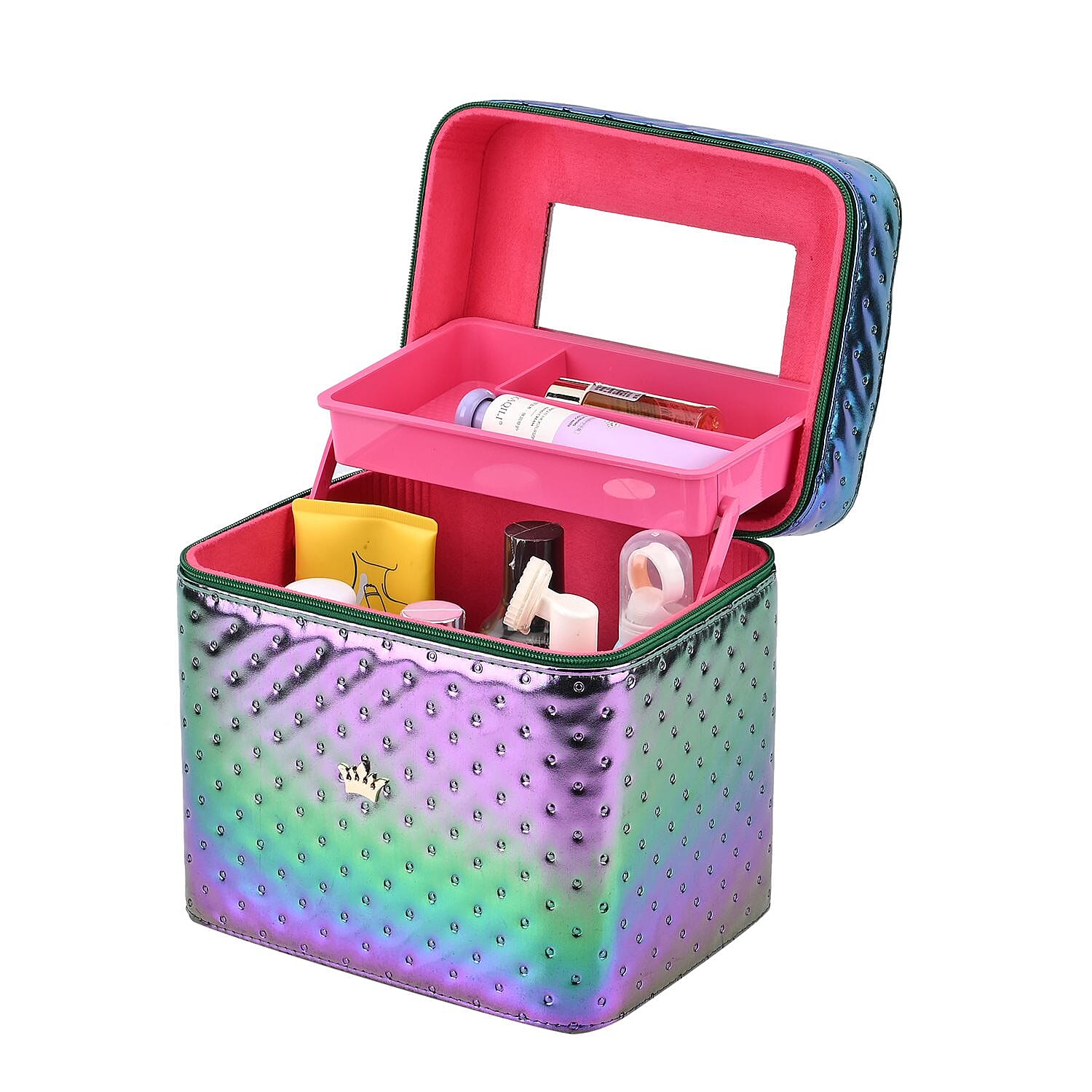 Dot Embossed Pattern Leatherette 2-Layer Makeup Box (Size 24x24x18 cm) - Gradient Blue, Green - Purple