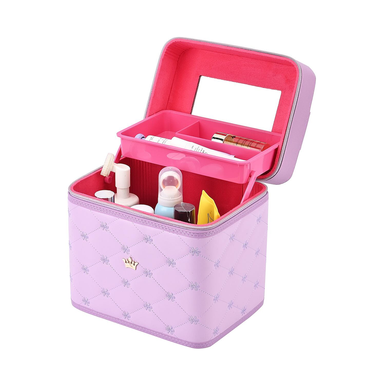 Quilted Checker - Flower Pattern Leatherette 2-Layer Makeup Box (Size 24x24x18 cm) - Purple