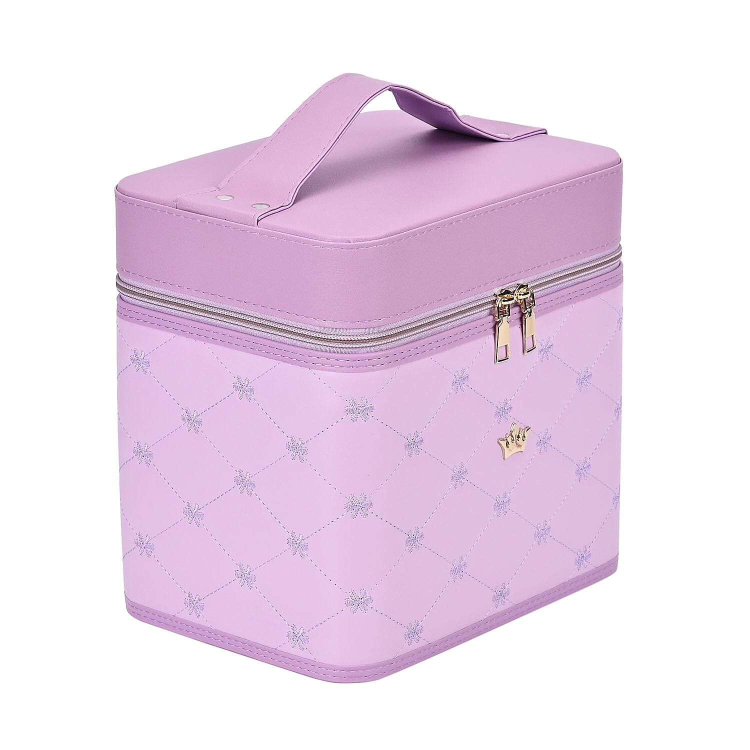 Quilted Checker - Flower Pattern Leatherette 2-Layer Makeup Box (Size 24x24x18 cm) - Purple