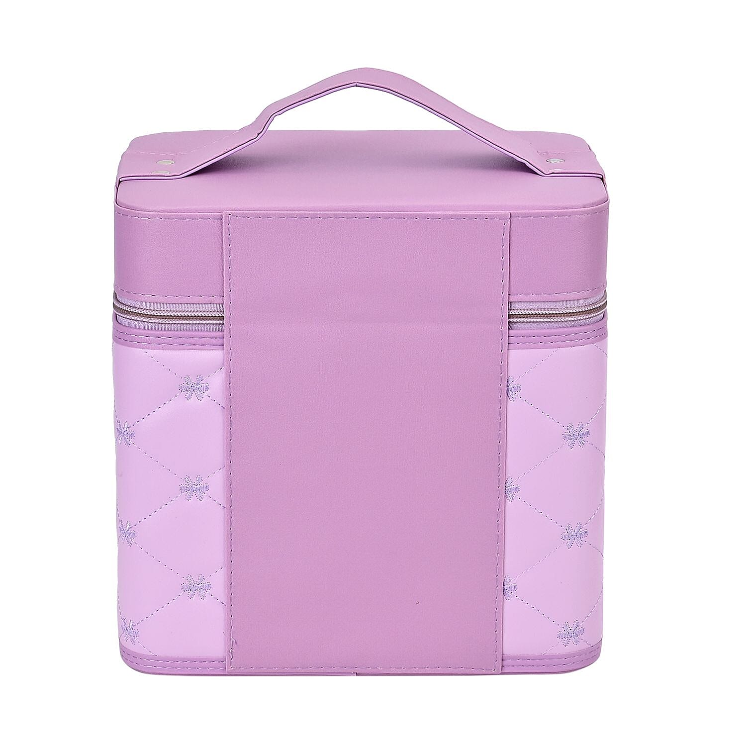 Quilted Checker - Flower Pattern Leatherette 2-Layer Makeup Box (Size 24x24x18 cm) - Purple