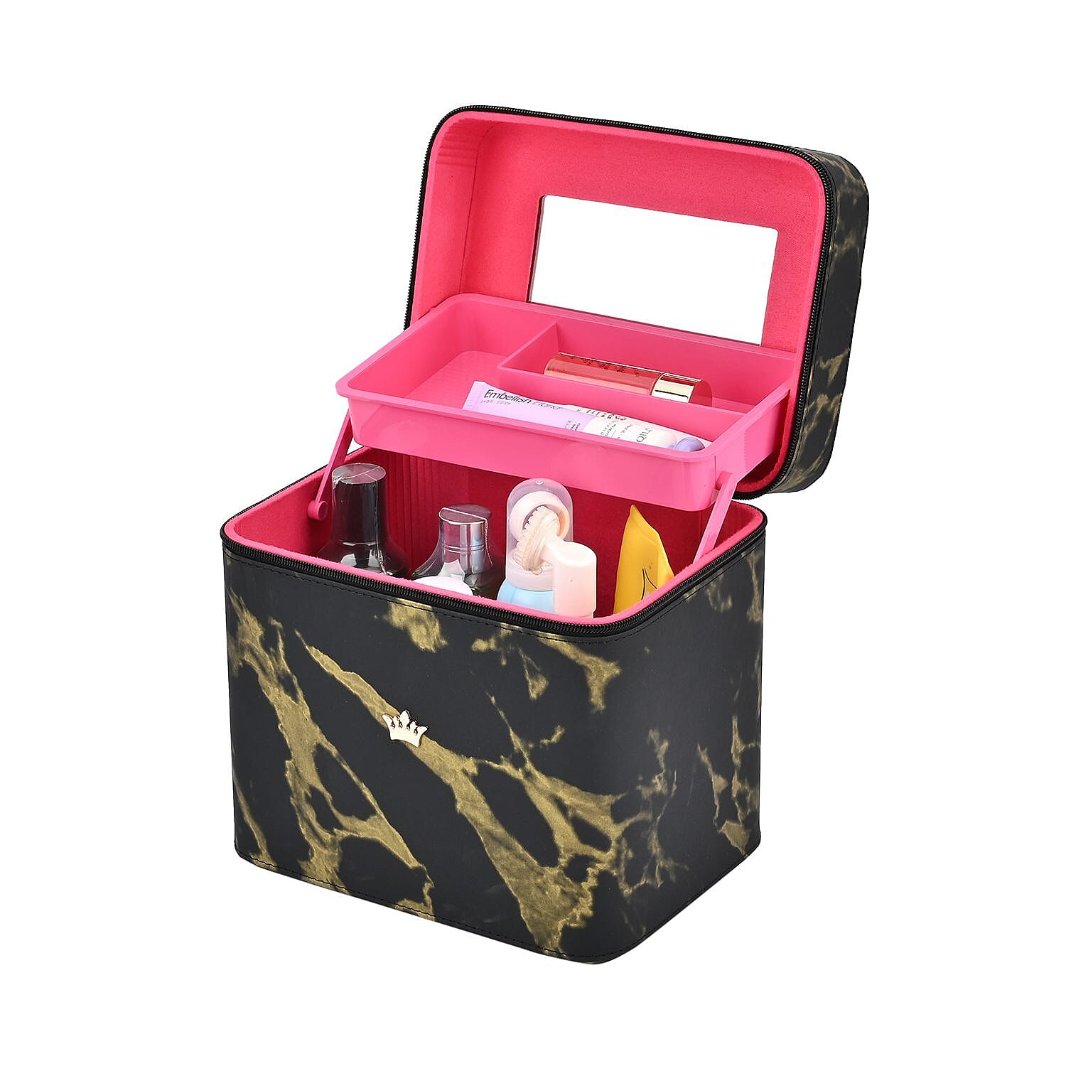Marble Pattern Leatherette 2-Layer Makeup Box (Size 24x24x18 cm) - Black