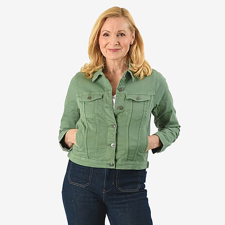 Tamsy Women Strech Twill Trucker Jacket (Size 12) - Green